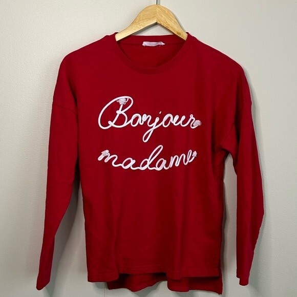 Mango Bonjour Madame Red Graphic Crewneck Pullover Sweatshirt Size XS - Picture 1 of 3
